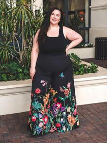 Truni VCAY Plus Size Floral Print Wide Leg Casual Holiday Pants Vacation Vacation Outfits Woman Summer Outfits For Women Spring Outfits For Women Teacher Outfits For Women Beach Vacation Outfits Tropical Vacation Woman Clothes