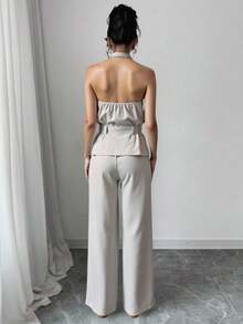 Jumpsuit  de pierna ancha con cintura de lazo de unicolor para mujer  Liso    Elegante    Doble botonadura  Bolsillo  Cremallera - Albaricoque - Ver 3