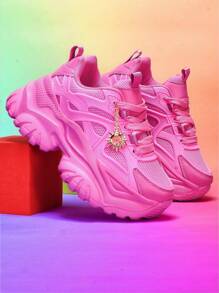 Women's 7cm Thick Sole Casual Sports Shoes With Sunflower Metal Decoration, Outdoor High Heel Platform Sneakers, Lightweight Shock-Absorbing Breathable Mesh Summer Sandals, Pink Round Toe Lace-Up For Daily, Workout, Office