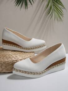 女式 5 厘米坡跟休闲办公室通勤一脚蹬尖头白色亚麻乐福鞋