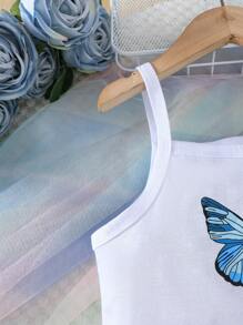 Conjunto informal de 2 piezas para niñas pequeñas, top de tirantes con estampado de mariposas y pantalones cortos de aspecto vaquero, apto para niñas de 4 a 7 años, para uso en exteriores en verano