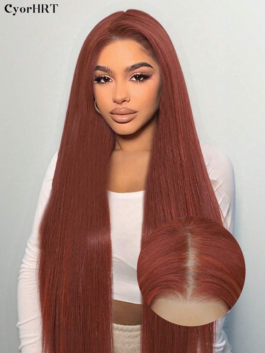 28 Inch 13*6 Synthetic Lace Front Hair Wigs Long Straight Hair Rust Brown Black Color Heat Resistant Fiber Hair Natural Look For Fashion Women Wear Daily Cosplay Holiday Party - Rust Brown - View 1