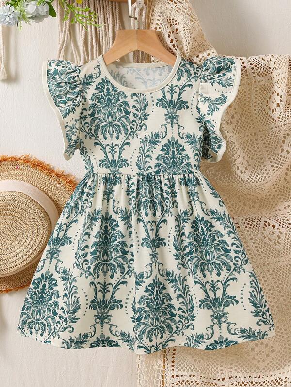 1pc Young Girl Summer Casual Pattern Ruffle Hem Dress