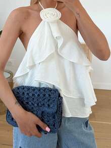 Women Tank Tops Solid Color 3D Flower Ruffles Tie-Up Halter Neck Casual Vests Summer Backless Sleeveless Tops Streetwear - 白色 - 查看 5