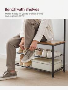 Coat Rack, Coat Stand With Shoe Storage Bench, Hall Tiree With Shoe Rack, 3-In-1 Design, Steel Frame, For Hallway, Entrance, 32 X 70 X 177 Cm, Modern, Walnut Brown And Black - Yellow-brown - View 6