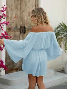 Elegancka damska sukienka z odkrytymi ramionami z szyfonu, swobodna/świąteczna, wielowarstwowa, z falbaniastym brzegiem, sukienka boho/boho, strój wiosenno-letni, sukienki dla kobiet - Jasnoniebieski - Zobacz 3