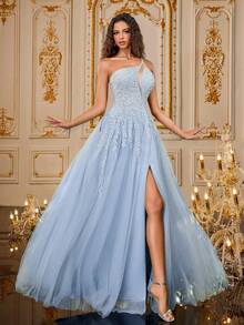 VIPGIRL Vestido formal asimétrico de cuello dividido con malla, elegante vestido de noche, boda y graduación para invitados, para cena y fiesta - Azul - Ver 5