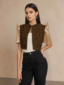 Amyenjoylife Modern Filipiniana Women's Spring/Summer Floral Puff Sleeve Top - Brown - View 4