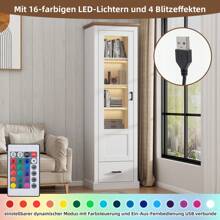 okwish Vitrina, aparador, aparador alto, mueble auxiliar, mueble de almacenaje, con mando a distancia de 16 colores y cajón y 5 compartimentos, vitrina alta de cristal, color blanco