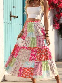 New Lightweight Floral Patchwork Pleated Skirt, Japanese Style Fresh Cute Ditsy Floral Summer Vacation Fashion Holiday Casual Skirt Suitable For Hawaii, Music Festivals, Ladies' Day Celebrations, Country Music Concerts, Graduation, Parties, Independence Day