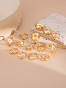 14pcs/Set Minimalist Punk Fashion Multi-Element Asymmetrical Wave Geometric Round Water Drop Rings, Vintage Metal Gold Color Thick Ring Set, Suitable For Women Daily Wear, Holiday Decoration, Party Outfit, Festival Gift