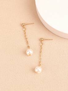 1 对时尚仿珍珠流苏耳环，适合女士，优雅耳环适合日常佩戴 - 珍珠吊墜耳環 - 查看 2