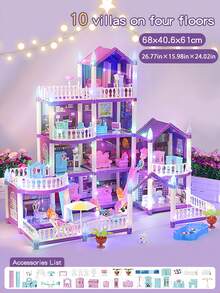 Lila Villa Puppenhaus-Set mit Leuchtfunktion (Puppe nicht enthalten), Spielhaus-Spielzeug für Jungen und Mädchen, Möbel-DIY Puppenspielset mit mehreren Räumen, Prinzessinnen-Schloss Spielzeug-Set, Weihnachts- und Neujahrsgeschenk für Mädchen - Verschiedenfarbig - Übersicht 14