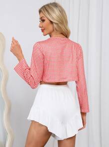 2Pcs Women Fashion Casual Cropped Top Colorblock Plaid Print & Ruffled Hem Shorts Set, Loungewear & Streetwear