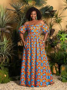 Faeriesty TribalChic 大码露肩花卉印花连衣裙 - 短袖夏季长裙，适合海滩度假、周末出游、日常穿着、野餐日和休闲聚会