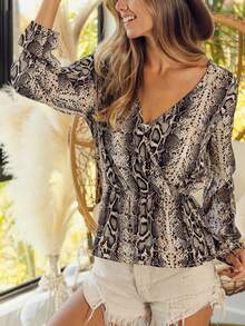 Womens Casual Blouse Chic Snake Print Wrap Top Elegant V Neck Long Sleeve Peplum Shirt Fashion Drawstring Waist Beige Black Animal Pattern Boho Summer Beach Party Going Out Fashion Vacation Top - Yến mạch - Xem 2