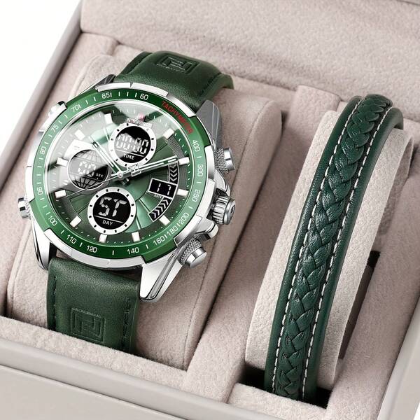 NAVIFORCE Conjunto de Pulseira de Relógio Esportivo Masculino - Mostrador Grande de 46mm Oficialmente Autorizado pela NAVIFORCE, Cronógrafo Multifuncional com 30M à Prova d'Água e Luz de Bottom LED Luminosa, Pulseira de Couro, Para Negócios, Academia e Casual, Presentes