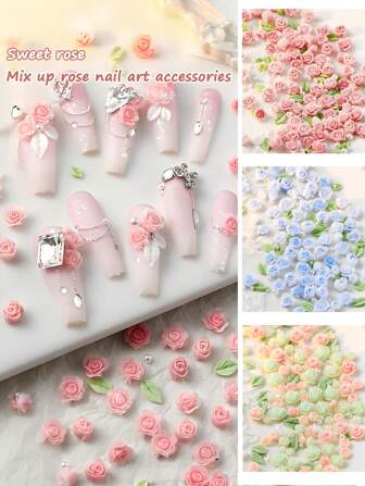 1 包约 40 件玫瑰和玫瑰随机颜色混合美甲配件，立体渐变花朵、珍珠和叶子美甲 DIY 美甲装饰美甲用品指甲指甲饰指甲宝石