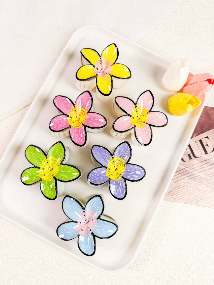 1pc/3pcs/6pcs Children Cute Hand-Painted Floral Hair Clips, Encounter Colorful Spring Flower Series, Handmade Floral Hair Clips To Fasten Spring Sunshine In Hair, Unlock Spring Exclusive Colors - Multicolor - View 1