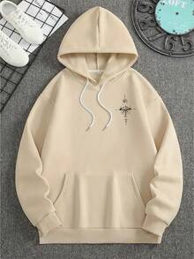 Cold Sweatshirt Compass Kangaroo Unisex Printed Sweatshirt Hooded And Pocket Cotton - 卡其色 - 查看 2
