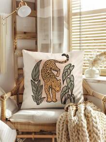 2pcs Animal Leopard & Tiger Style Forest Pattern Decorative Throw Pillow Covers, Alphabet Print Square Pillow Cases Without Filling, Cute Cushion Covers, For Sofa, Living Room