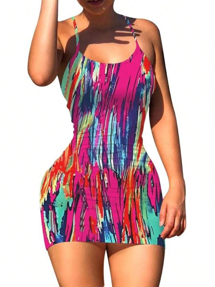 Nimsruc Women Bodycon Dress Summer Short Backless Spaghetti Strap Dresses - 6667 彩色印花 - 查看 1