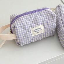 Nécessaire grande acolchoada xadrez roxa (1 unidade), bolsa de maquiagem portátil e moderna, nécessaire de viagem feminina, bolsa multifuncional para guardar batom, absorvente higiênico, moedas, chaves, presilhas de cabelo, elásticos de cabelo, nécessaire charmosa, organizador de viagem para maquiagem, presente para o Dia das Mães, presente de volta às aulas, presente de Ano Novo - Roxa - Ver 21