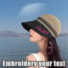 1 Pcs Customizable Embroidery Text Wide Brim Sun Hat, Breathable Mesh Design, Suitable For Women In Summer - Multicolor - View 2