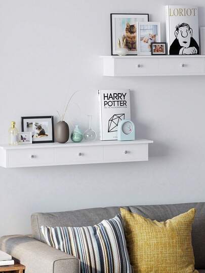 Floating Wall Shelf With 3 Drawers, Hallway Storage Shelf, 80 X 15 X 10 Cm, Living Room, Bedroom, Kitchen, High Gloss Paint, White