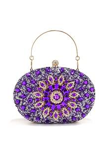 Luxus Strass Dekor Handtasche, kleine Clutch Geldbörse, elegante Abendtasche, Metallketten-Griff, modisch würdevolle Party Handgelenktasche, Braut Hochzeits-Tasche, passend für formelle Bankette, Partys, Hochzeiten, Frauengeschenke - Violett - Übersicht 7