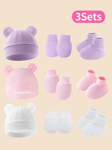 Bộ 3 món mũ tai cho trẻ sơ sinh + găng tay chống trầy xước + bao chân, nhiều màu, thích hợp để đội hàng ngày - Nhiều màu - Xem 5