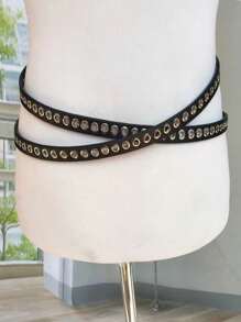 1pc Women's Extra Long Double Layer Casual Punk Vintage Metal Buckle Rivet Belt, Western Cowgirl Style Skinny Leather Belt For Daily Or Party Wear Halloween Summer, School