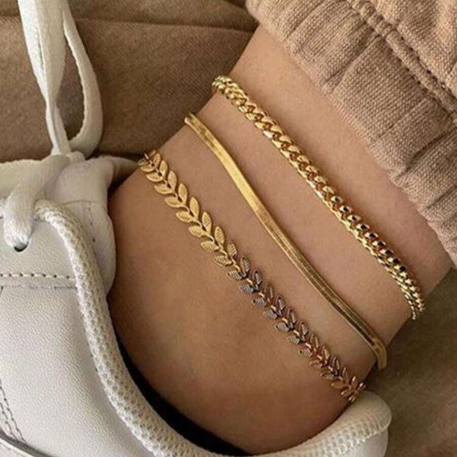 Set de 3 bratari elegante și versatile pentru femei, cu model Fishbone și lanț multi-element, potrivite pentru decorarea zilnică a bijuteriilor