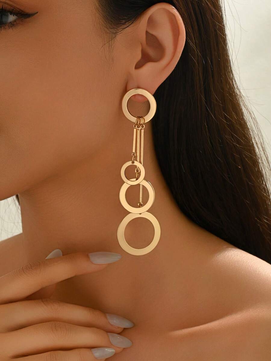 1 对新款几何圆形流苏不对称时尚优雅个性百搭耳环 - 金黃色 - 查看 1