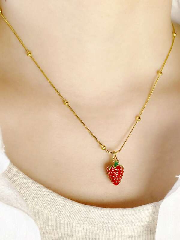 قلادة سلسلة من الحبيبات الذهبية المصنوعة من الفولاذ المقاوم للصدأ مع علاقة على شكل فاكهة التفاح والفراولة، هدية مثالية لعيد الحب أو عيد الميلاد أو الذكرى السنوية