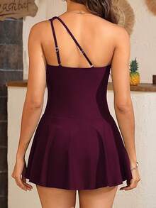 Bộ đồ bơi Tankini Cross-Border 2 mảnh mới, váy co giãn cao một bên vai, dây đeo có thể điều chỉnh, váy ngắn kiểm soát bụng - Màu Đỏ Sâu - Xem 2
