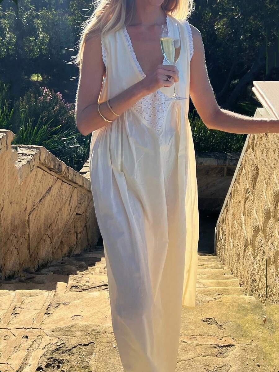 Women V Neck Maxi Dress Boho Flowy Long Dress Floral Loose Fit Summer Sundress Y2K Going Out Beach Dresses - 淡黃色 - 查看 1