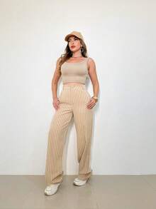 Women's Striped High Waist Wide Leg Trousers, Lightweight, Casual, Formal, Stylish And Elegant - 米色 - 查看 3