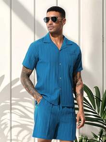2 piezas Conjunto de camisa de Verano para hombre,  Estilo caballero vintage casual,  cómodo y versátil - Azul oscuro - Ver 4