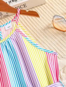 Girls' Summer Colorful Striped Spaghetti Strap Dress With Ruffle Hem And Belt, Tween Girl Casual Holiday Sundress - Multicolor - View 4