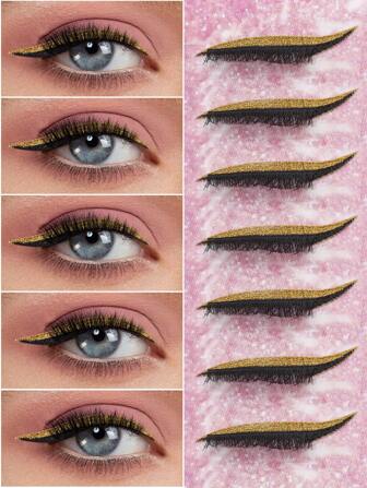 1 Pair Glitter Self-Adhesive Eyeliner And False Eyelashes Set - Waterproof, No Glue Required, Suitable For Party And Stage Makeup Strip Lashes,Lashes,Eyelashes,Fake Lashes