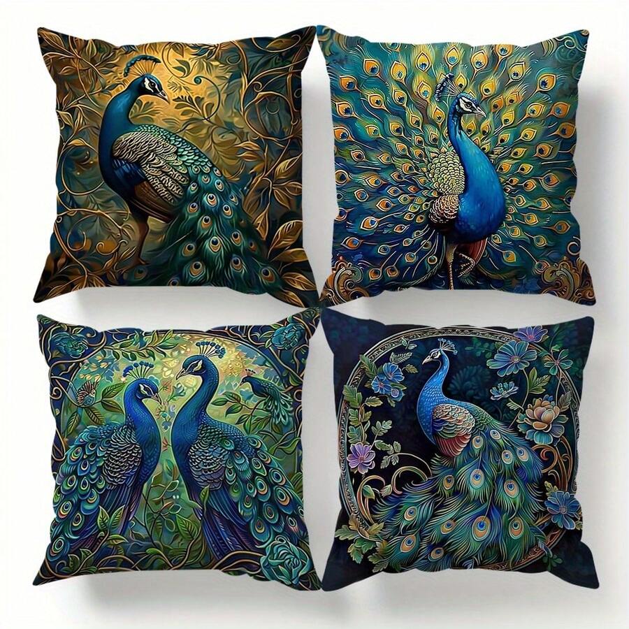 4pcs Vintage Peacock Oil Painting Pattern Throw Pillow Covers, 18x18 Inches - Soft Velvet Material, Zippered, Machine Washable, Suitable For Living Room And Bedroom Decor. - Dark Green - View 1