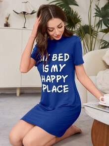 睡裙 - 标语印花睡裙 - 短袖圆领休闲睡衣、家居服 - 女士舒适、时尚睡裙，时尚睡眠，舒适入睡