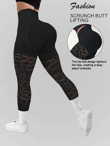 Leggings deportivas de red con parches de leopardo para mujer - Negro - Ver 1