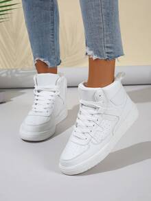 Women's White High-Top Sneakers, Versatile Casual Shoes, Lace-Up Round Toe Comfortable Footwear