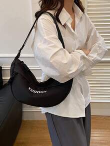 1 stuk gewatteerde, effen canvas tas met ritssluiting in de vorm van een halve maan, nieuwe collectie grote canvas tas met knoedels, minimalistische schoudertas met geborduurde letters, geschikt voor studenten, campus, reizen, woon-werkverkeer, casual, koppels, tarwedecoratie, ideaal voor dagelijks gebruik - Zwart - Bekijken 4
