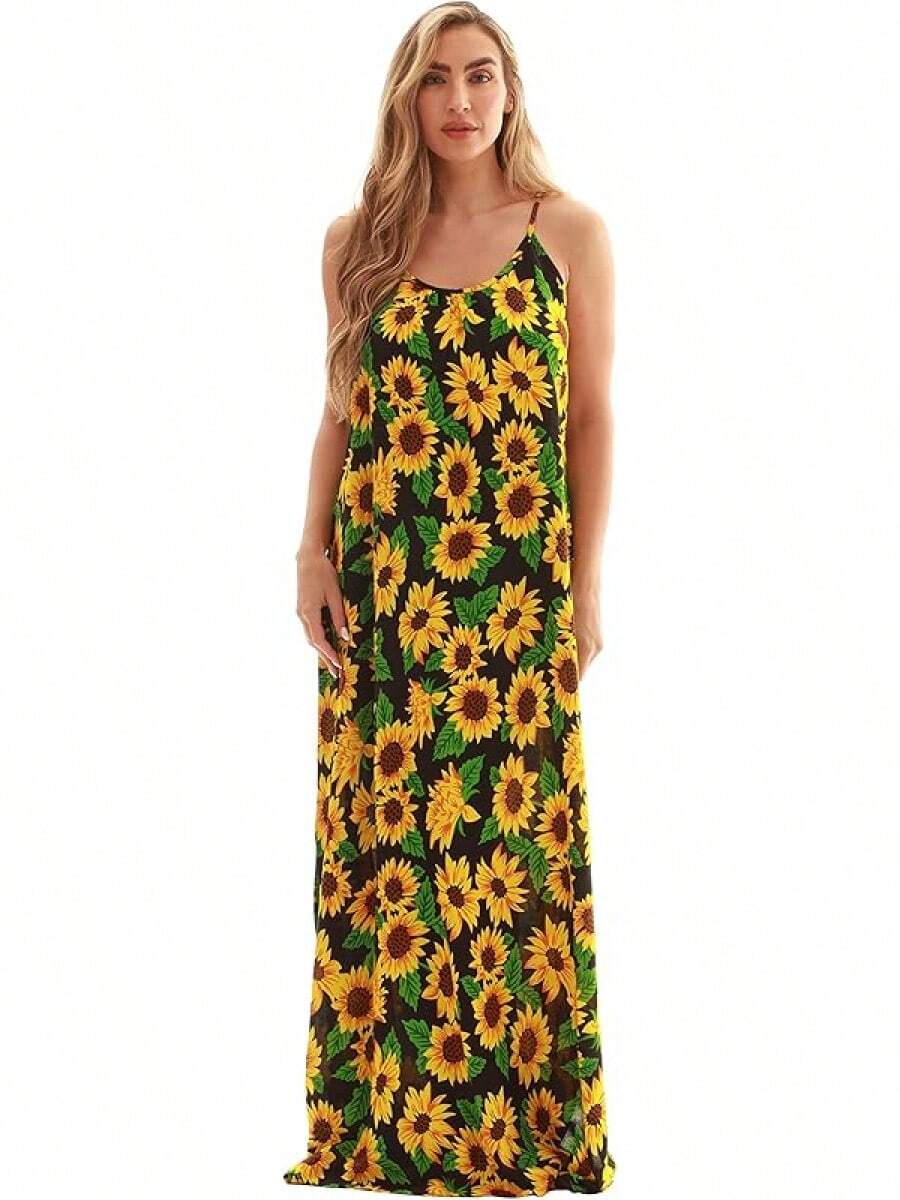 Tie Dye Spaghetti Strap Maxi Dress - Black Floral Dress - View 1