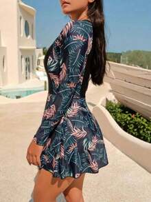 Summer Botanical Print Swimsuit Set, Beach Vacation Style, Women's Long Sleeve Surfing 2 Piece Set, Surfing Suit, Wetsuit, Contrast Colors And Tropical Prints For Summer Beach Vacation - 黑色 - 查看 3