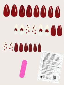 24片中号杏仁形极简3D爱心樱桃红假指甲，为您的美甲增添浪漫气息。这款全覆盖假指甲套装包含1张粘性贴纸和1个迷你指甲锉，适合情人节、母亲节、派对、约会和日常佩戴。指甲胶水随机发货。