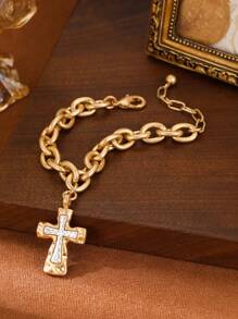 1 Piece Chunky Chain Cross Necklace For Women,Fashion Chunky Bracelet,Copper Alloy Electroplating 14K Gold,Gift For Summer Vacation,Hip Hop Party,Festival